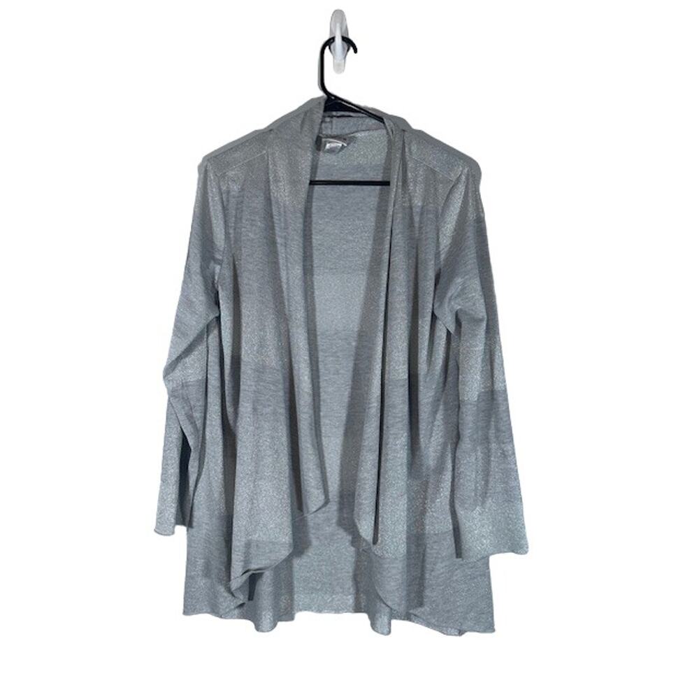 Chico's Gray Metallic Striped Opened Front Knit Sweater Cardigan Women Sz 2 Sz L